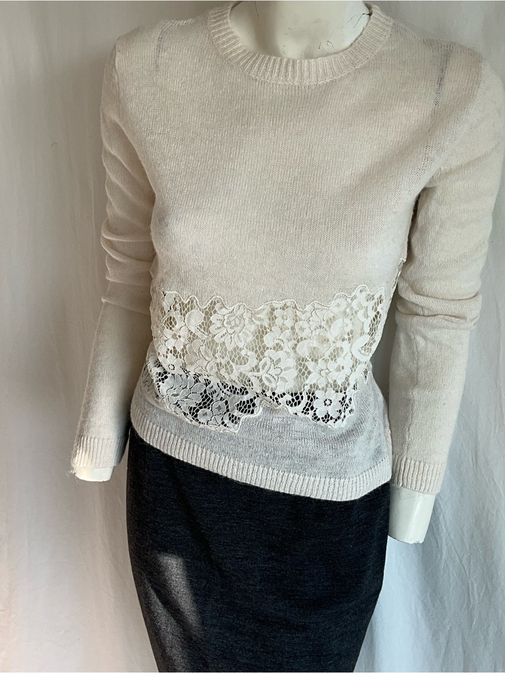 Zara Alpaca Wool Blend Ivory Floral Lace Inset Sweater Knit Size S